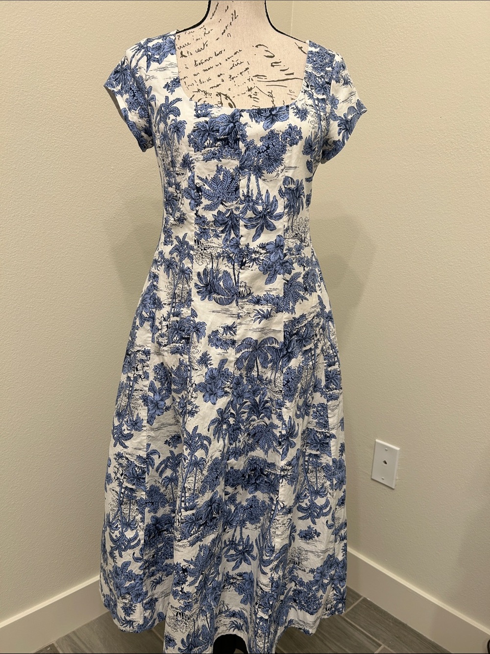 Joie Blue and White Tropical Square-Neck Midi Dress
